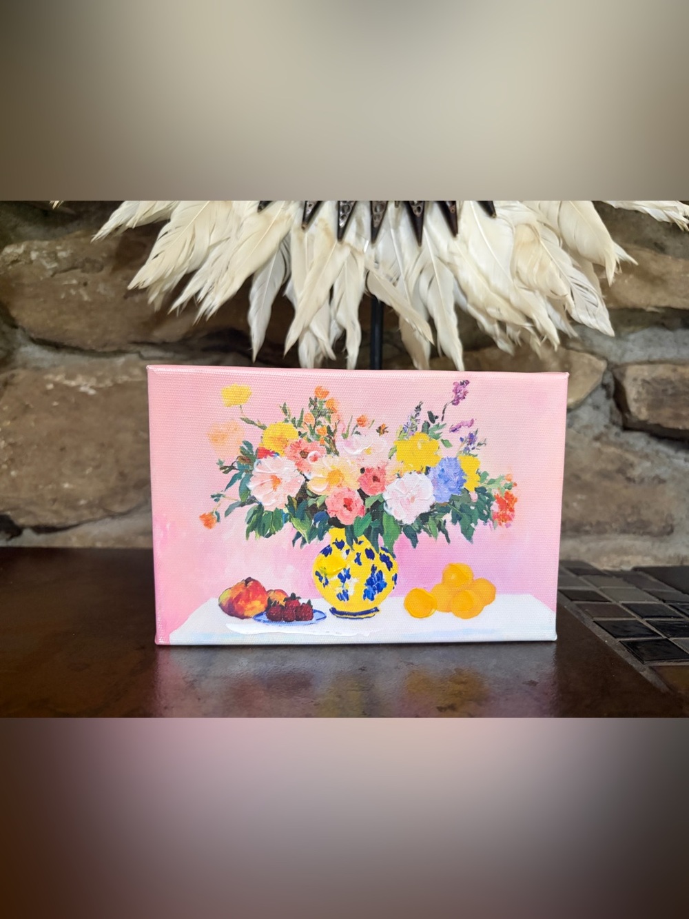 Raz Imports Floral Still Life Canvas Art - Yellow Blue Vase on Pink 6” x 4” - Picture 2 of 6